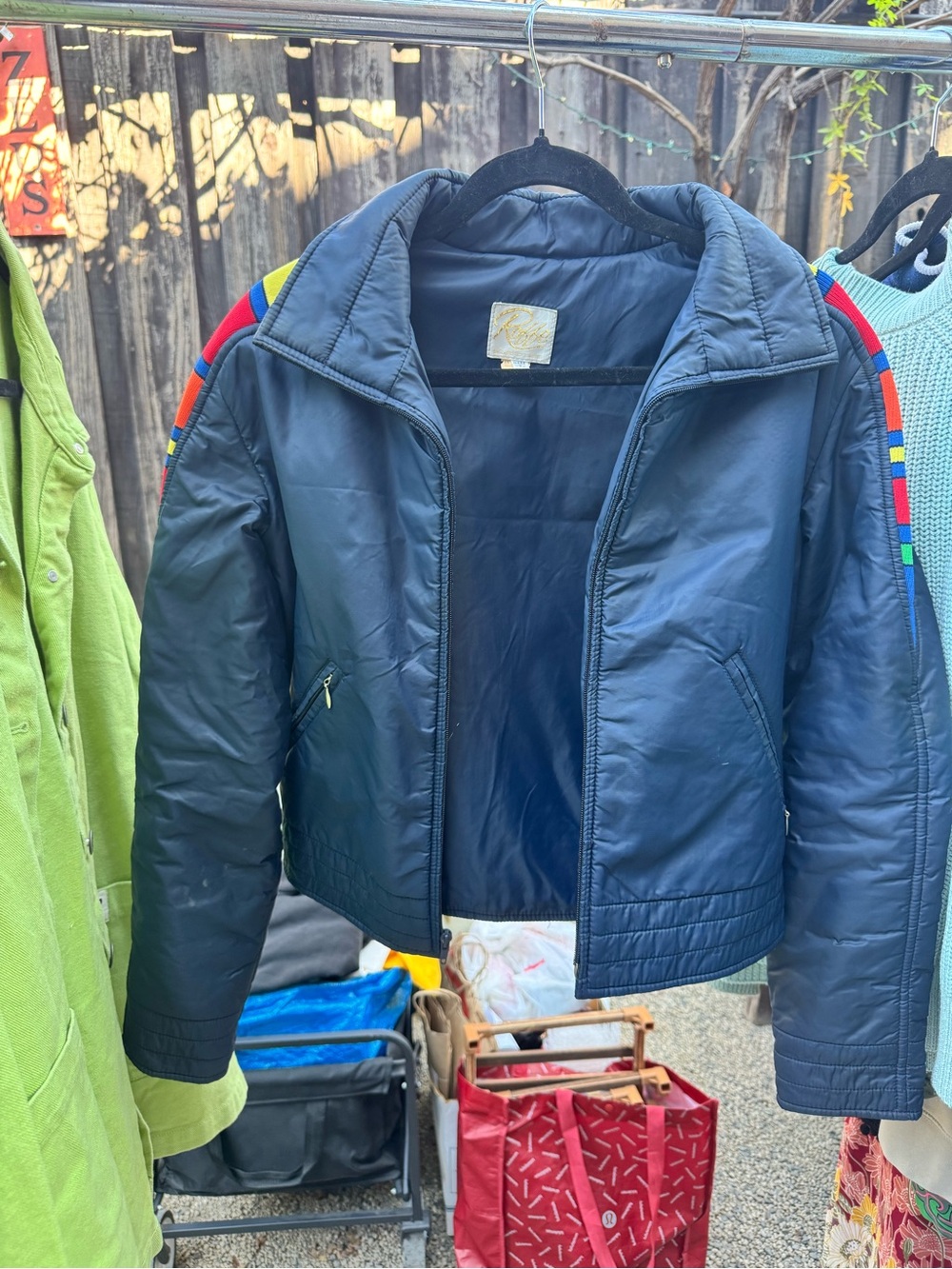 Navy Puffer Jacket with Rainbow Shoulder Stripes